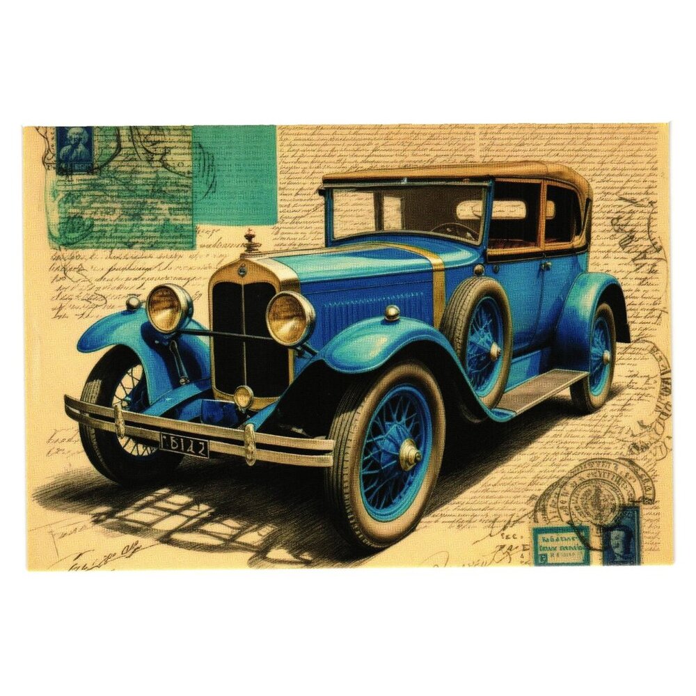 Vintage Blue Classic Car Postcard Art Design Blank Back Frameable Man Cave Gift